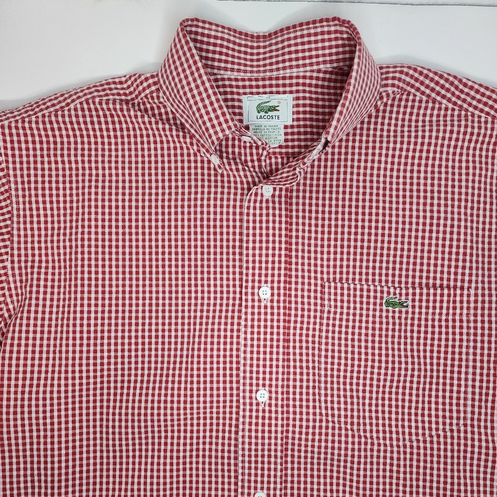 Lacoste France Mens 38 Small Red Gingham Seersucker Shirt 100% Cotton Croc Logo